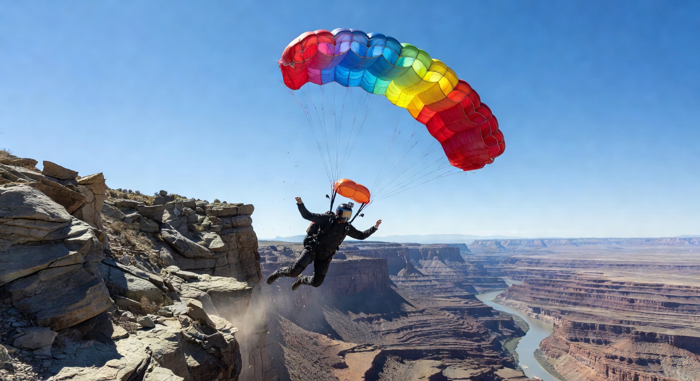 BASE jumper launching from a cliff face