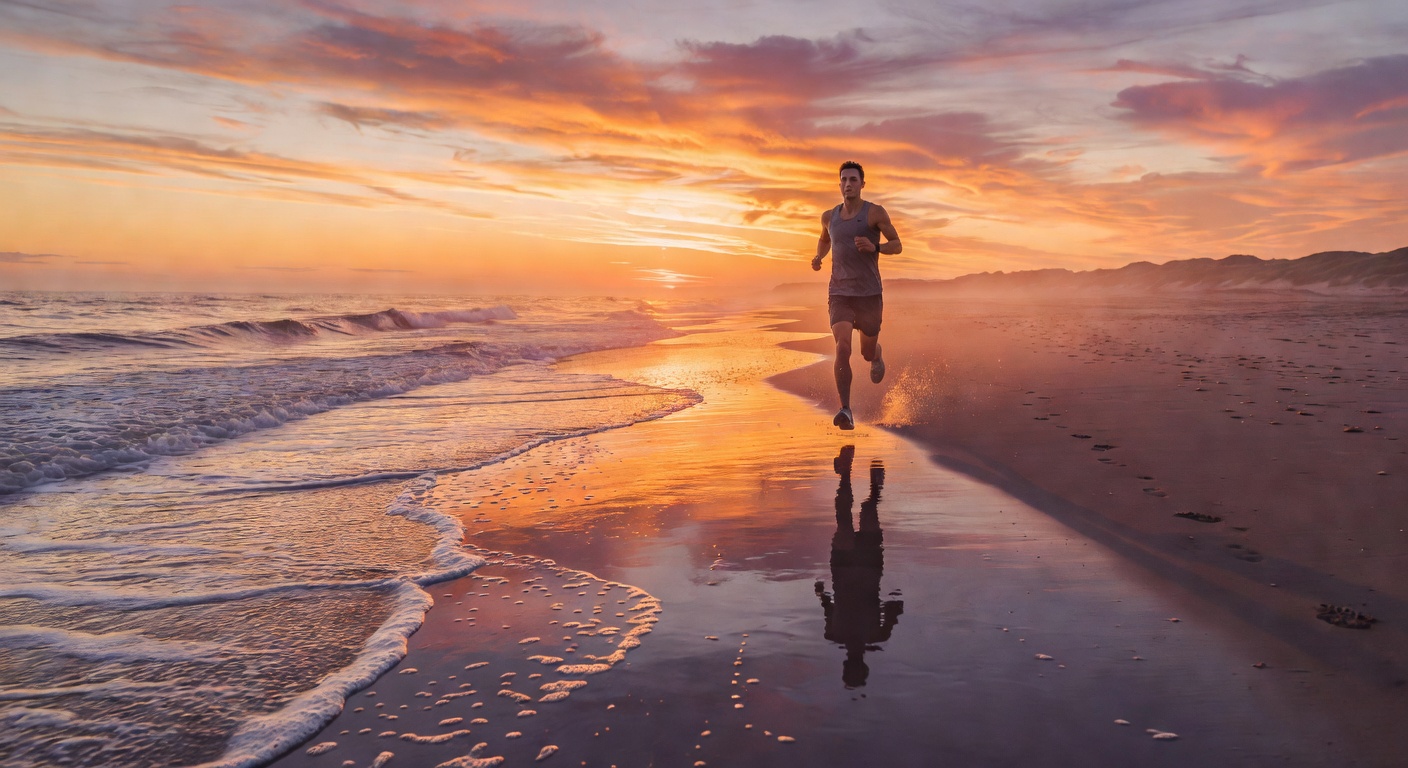Trail running on a beach at sunrise