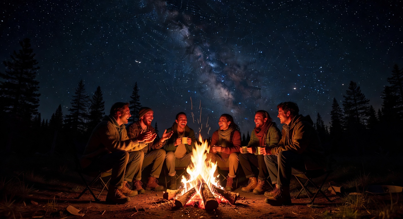 Team sharing stories around a campfire in the wilderness