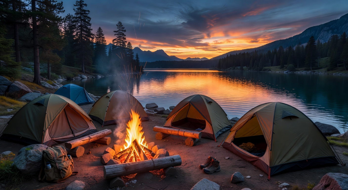 Camping by a lake at dusk