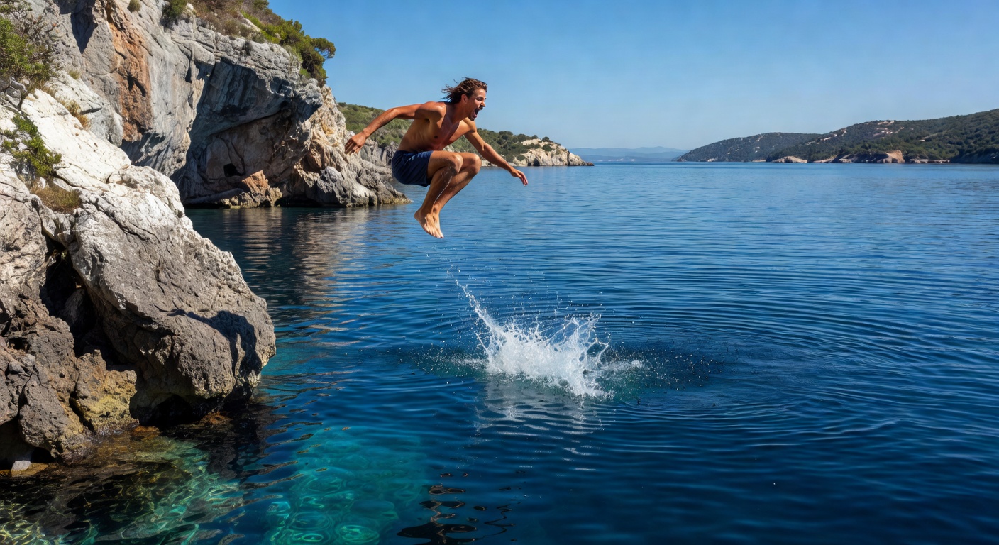 Cliff jumping into Patagonian lagoon