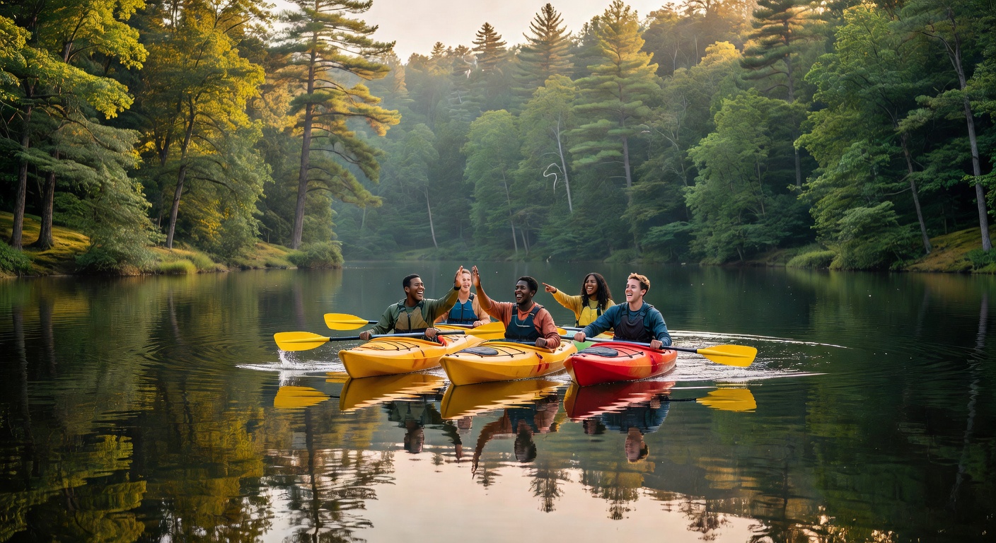 Kayaking on a forested lake