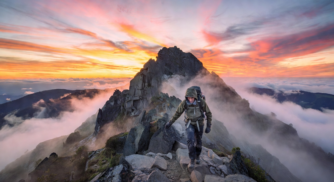Mountain hiker at sunrise in Japan