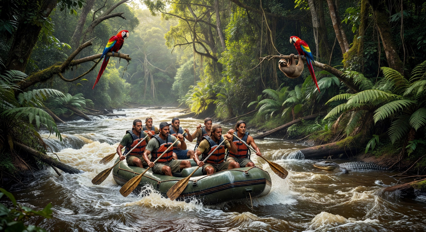 Rafters navigating the powerful Amazon river rapids
