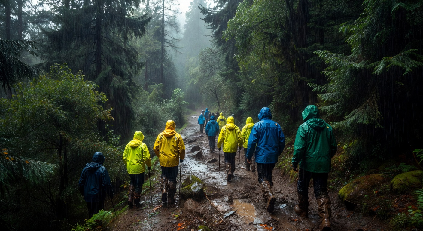 Hiking through rainy forest conditions