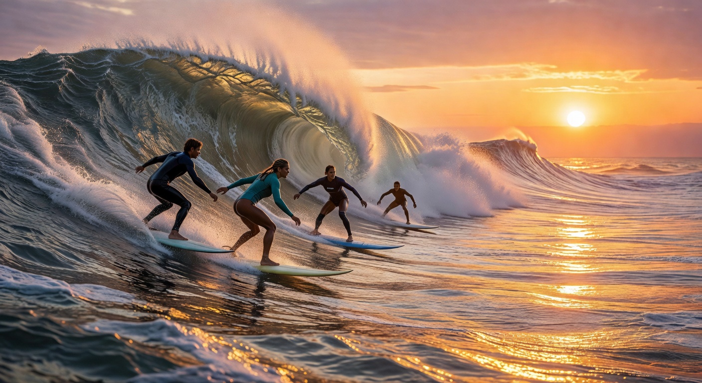 Surfing at sunset — the spirit of adventure