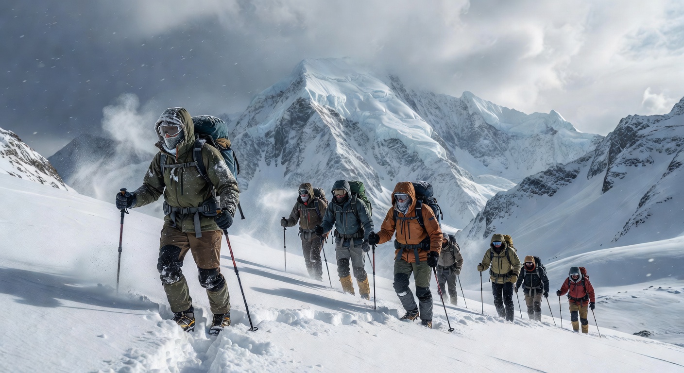 Trekking through snowy mountains